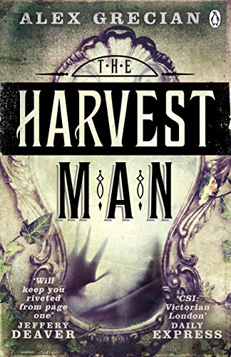 Book cover: "The Harvest Man" with ornate frame and dark lettering.