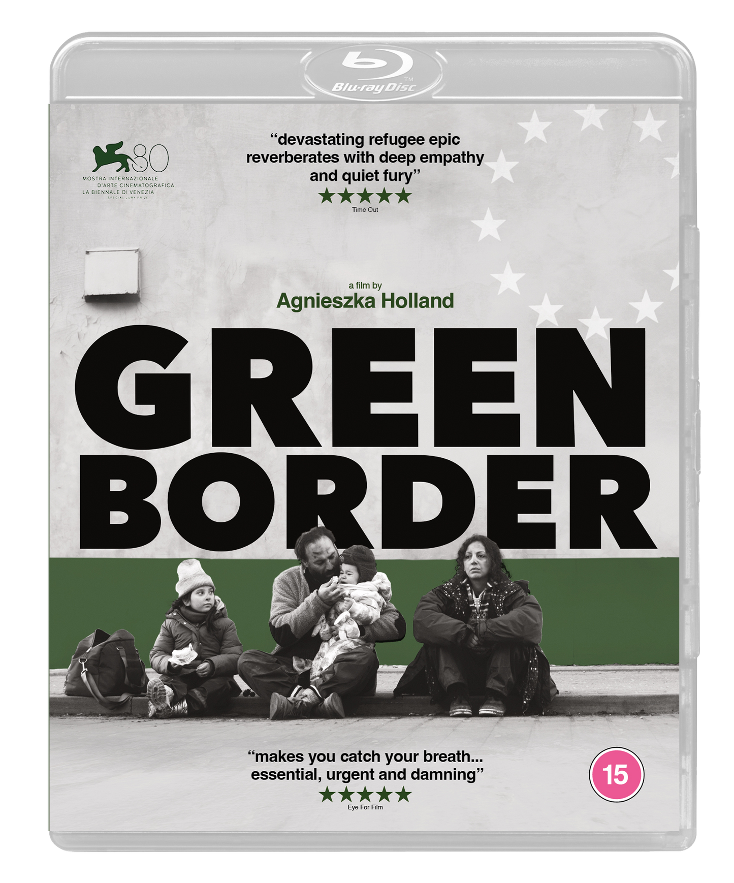 “Green Border” DVD cover with a group of refugees and film details.