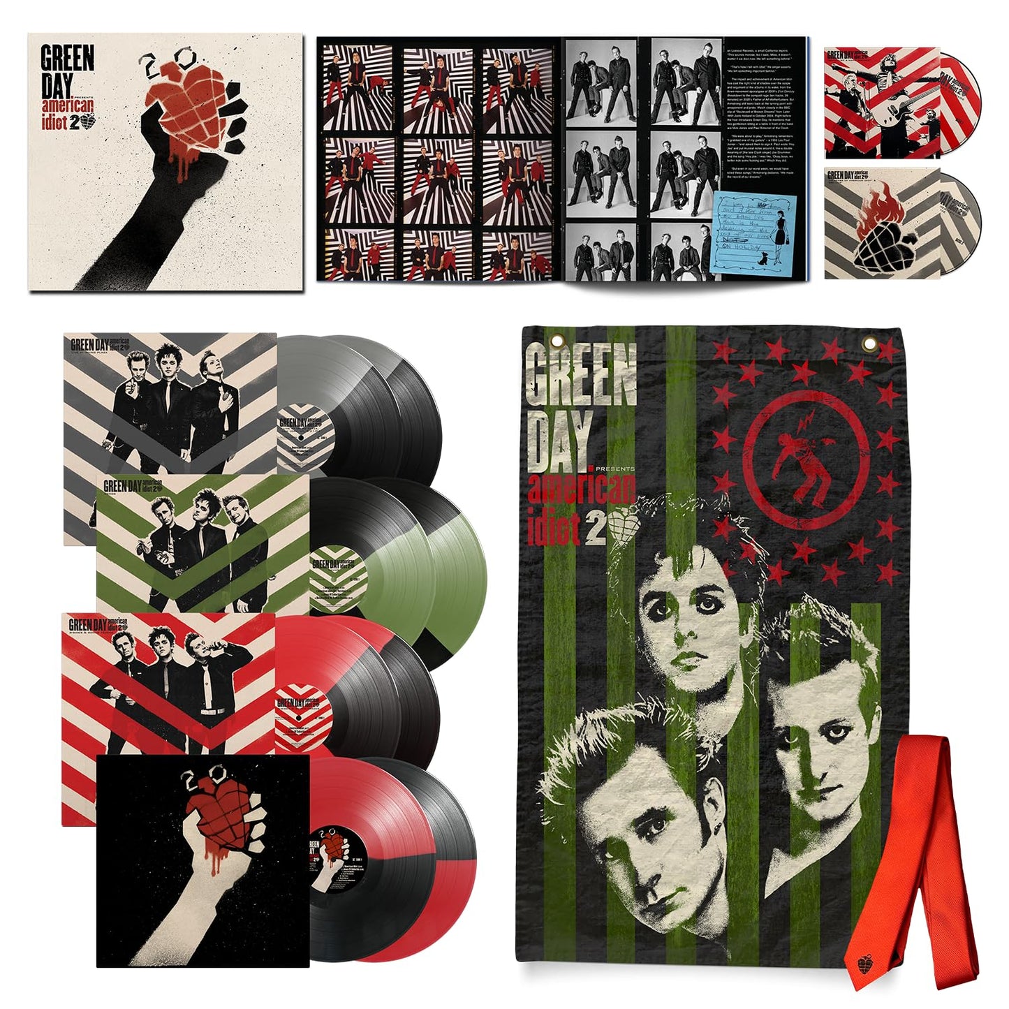 Green Day American Idiot vinyl box set including records, photo book, and fabric banner.