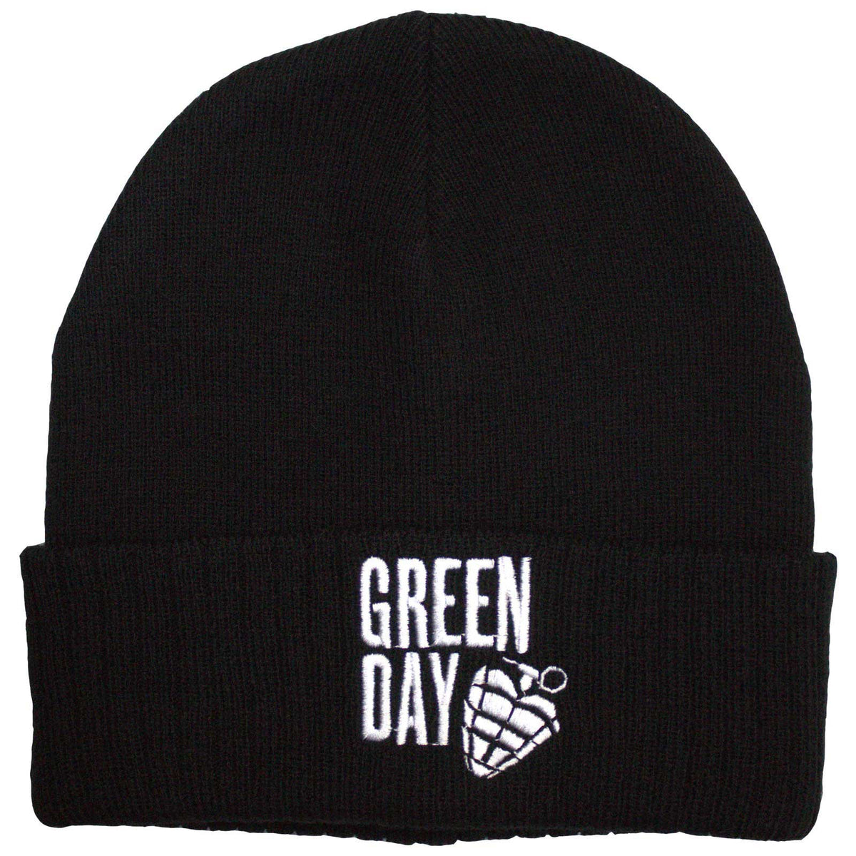 Black beanie hat with white "Green Day" text and grenade graphic.