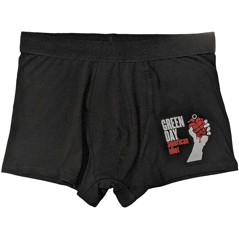 Green Day “American Idiot” themed boxers, small size, patterned fabric.