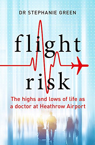 Book cover: “Flight Risk” with a heartbeat line and airport travelers.