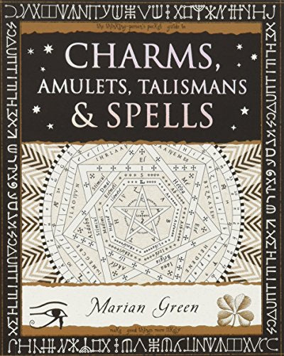 Book cover titled Charms, Amulets, Talismans & Spells featuring a geometric star design and symbols.
