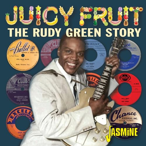 Rudy Green with guitar, surrounded by vintage record labels, album cover.