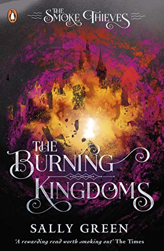 Book cover: “The Burning Kingdoms” with a fiery castle silhouette.