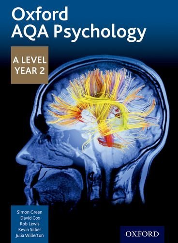 Textbook cover: “Oxford AQA Psychology A Level Year 2” with a brain scan.