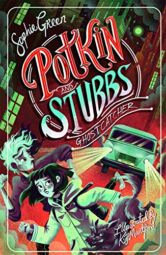 Book cover: two children and a cat chase a glowing green car.