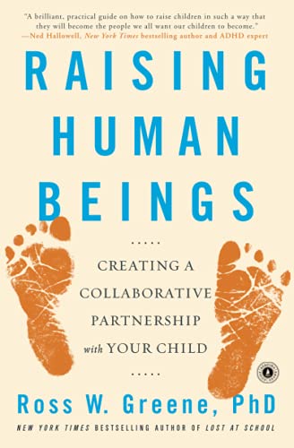 Book cover: "Raising Human Beings" with orange footprints and blue text.