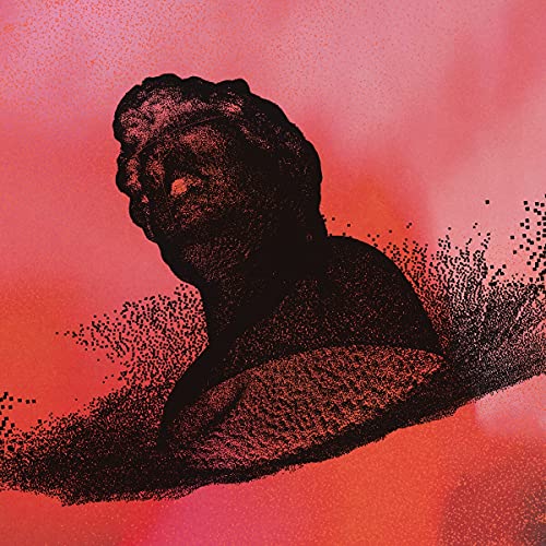 Red and black abstract image of a bust dissolving into dots.