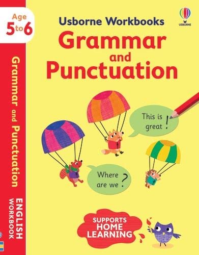 Usborne Grammar and Punctuation workbook for ages 5-6 with animal illustrations.