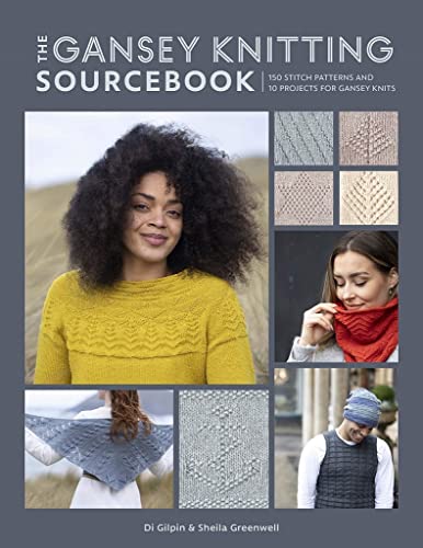 Book cover featuring photos of people wearing knitted garments and various stitch pattern samples.