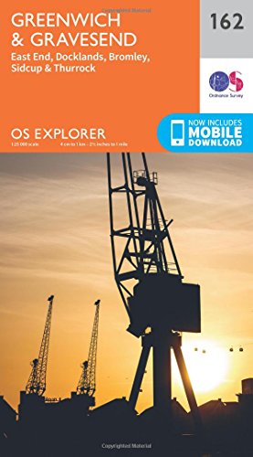 Ordnance Survey Explorer map 162 cover showing industrial cranes against a sunset sky.