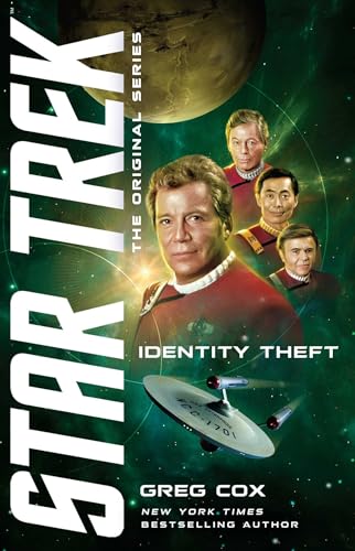 Star Trek novel "Identity Theft" cover featuring Kirk, Spock, and McCoy.