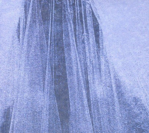 Abstract blue image with vertical, draped fabric-like textures and a subtle Amazon logo overlay.