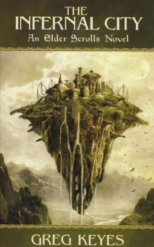Book cover showing a floating island city with waterfalls above a mountainous landscape.