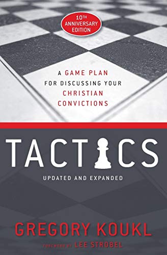 Book cover for Tactics by Gregory Koukl featuring a chessboard background and pawn icon.