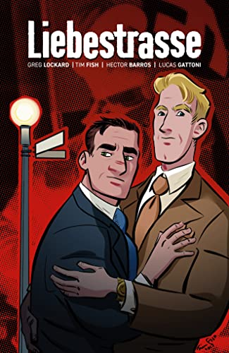 Comic book cover depicting two men embracing under a streetlamp.
