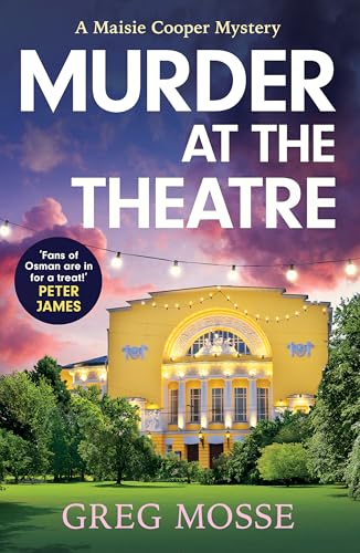 Book cover: "Murder at the Theatre" with a yellow theatre building.