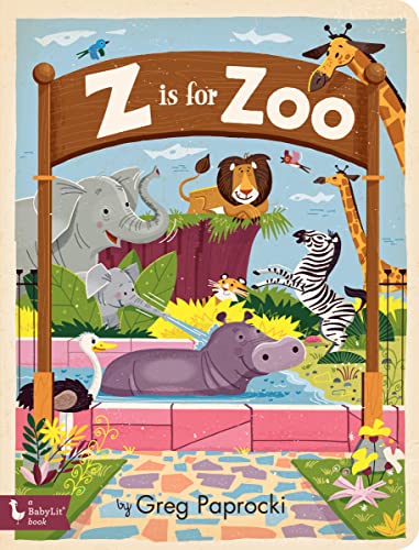 Book cover with colorful zoo animals under a wooden archway.