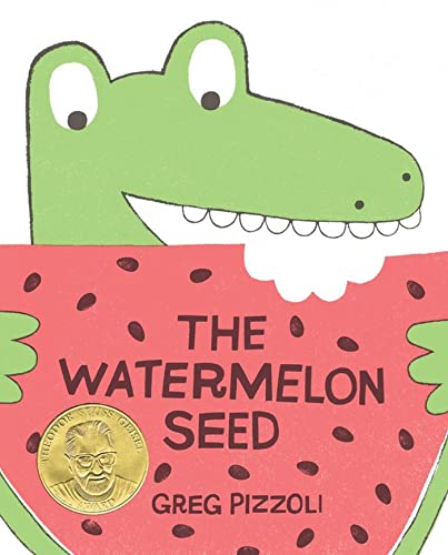 Crocodile biting a red watermelon with black seeds, book cover.