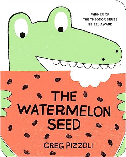 A green crocodile eats a large slice of watermelon on this children's book cover.