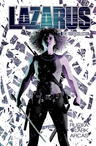 Comic book cover: woman with weapons, stylized blue and white background.