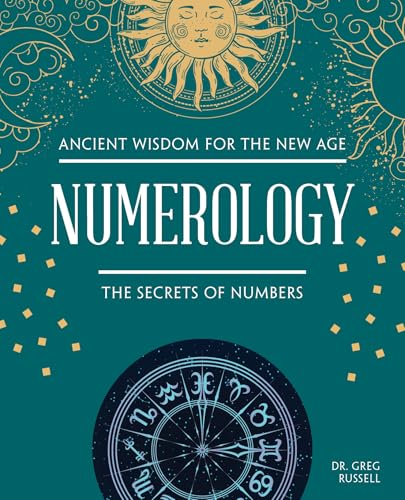 Book cover titled Numerology: The Secrets of Numbers with sun, moon, and zodiac imagery.