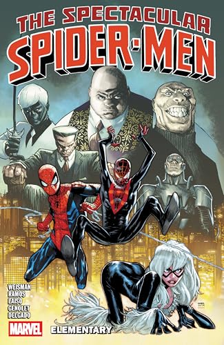 Comic book cover featuring Spider-Men, Black Cat, and villains in a city scene.