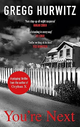 Book cover: dark sky, house, white fence, red title "You're Next".