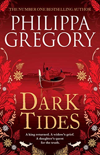 Book cover: red floral design, a small boat on dark water, title “Dark Tides”.