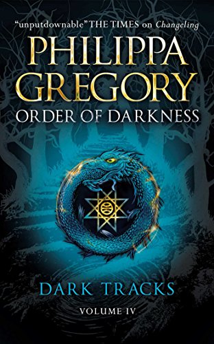 Book cover: dark forest, blue dragon, and gold lettering for “Dark Tracks”.