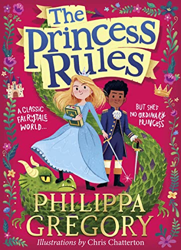 Book cover: princess and boy with a green dragon, fairytale illustration.