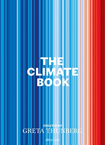 Cover of The Climate Book by Greta Thunberg featuring a vertical warming stripes pattern.