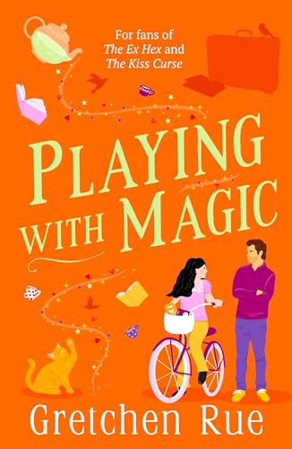 Book cover: couple on bicycle, cat, teapot, and magical sparkles.