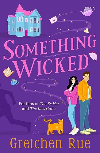 Book cover: house, couple, cat, and magical elements in purple tones.