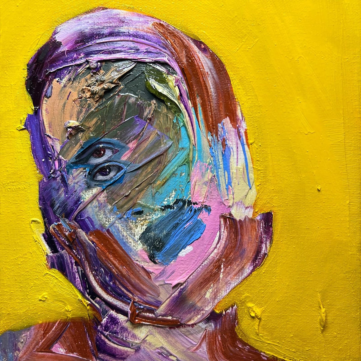 Abstract oil painting of a face with visible brushstrokes, yellow background.