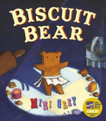 The image depicts a children's book cover featuring a cartoon bear made of biscuit dough. Here is a concise description of the image in 15 words or less: "Biscuit Bear" book cover with cartoon bear made of dough, surrounded by baking items.