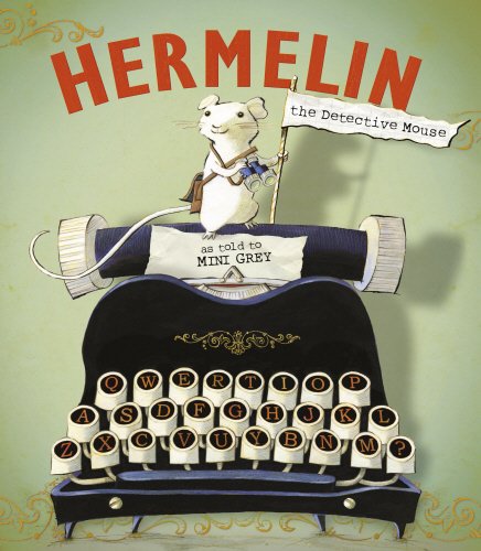 "Book cover featuring a cartoon mouse on a typewriter, holding a detective flag."