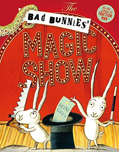 Book cover: two white rabbits performing a magic show with a grey hat.