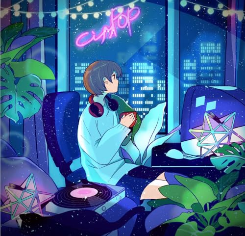 Anime-style illustration of a person with headphones near a record player.