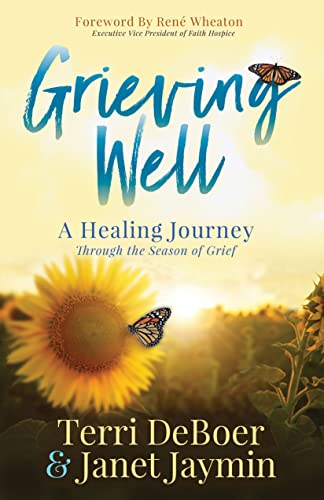 Book cover with sunflowers, butterflies, and the title "Grieving Well.