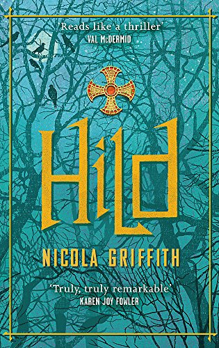 Book cover for "Hild" with large gold text and a teal, branch background.
