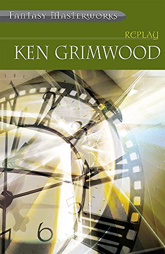 Book cover for Replay by Ken Grimwood featuring a clock face and film strip.