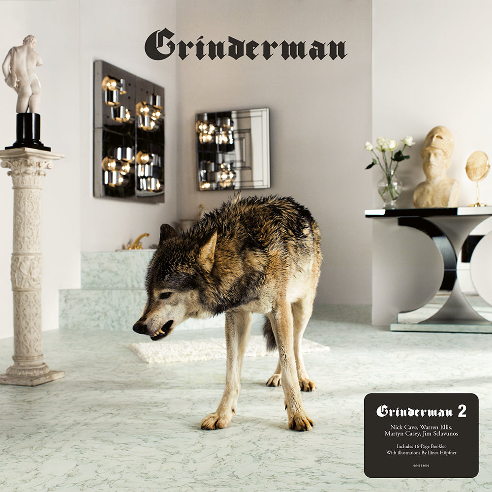 Grinderman 2 album cover: wolf in a room with classical statues.