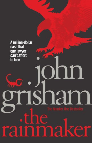 Book cover for "The Rainmaker" by John Grisham with a courthouse image.