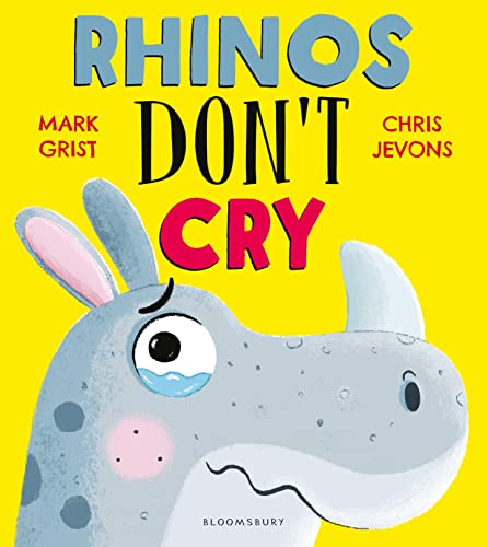 Book cover: illustrated rhino head with text "Rhinos Don't Cry".