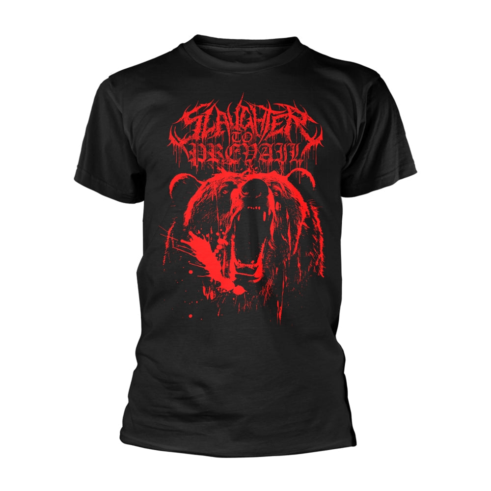 Black t-shirt with a red grizzly bear and distressed text graphic.