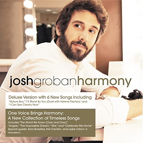 Josh Groban album cover, “Harmony (Deluxe)”, featuring a portrait of the artist.