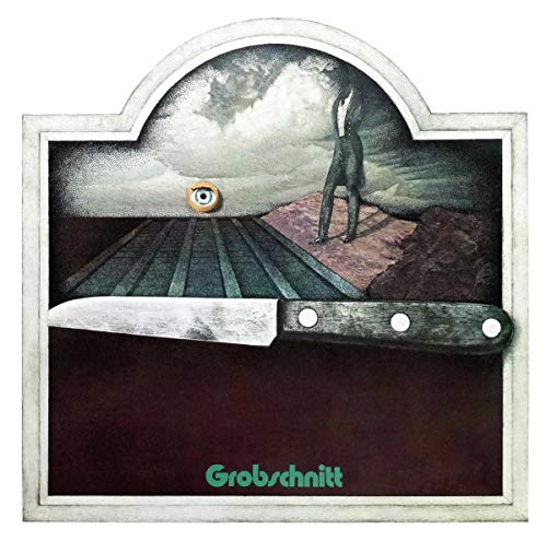 Surreal album cover art featuring a large knife, a lone figure, and an eye.