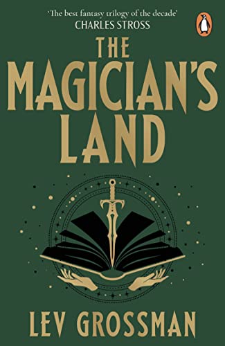 Book cover for The Magician's Land by Lev Grossman with gold sword and book illustration.